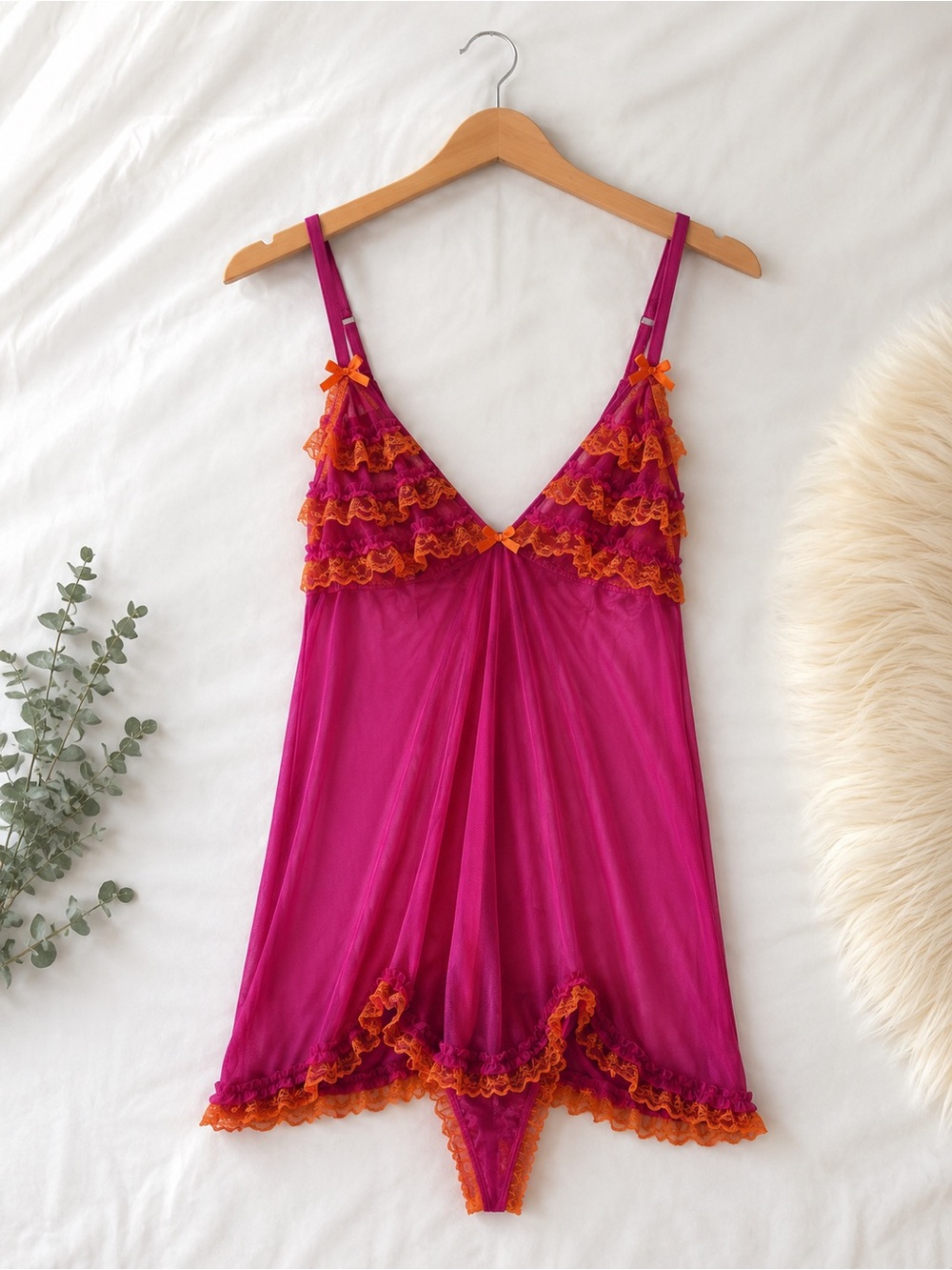 Cacique NWT Pink Orange Ruffle Babydoll Chemise Set 18/20 Lingerie Thong
